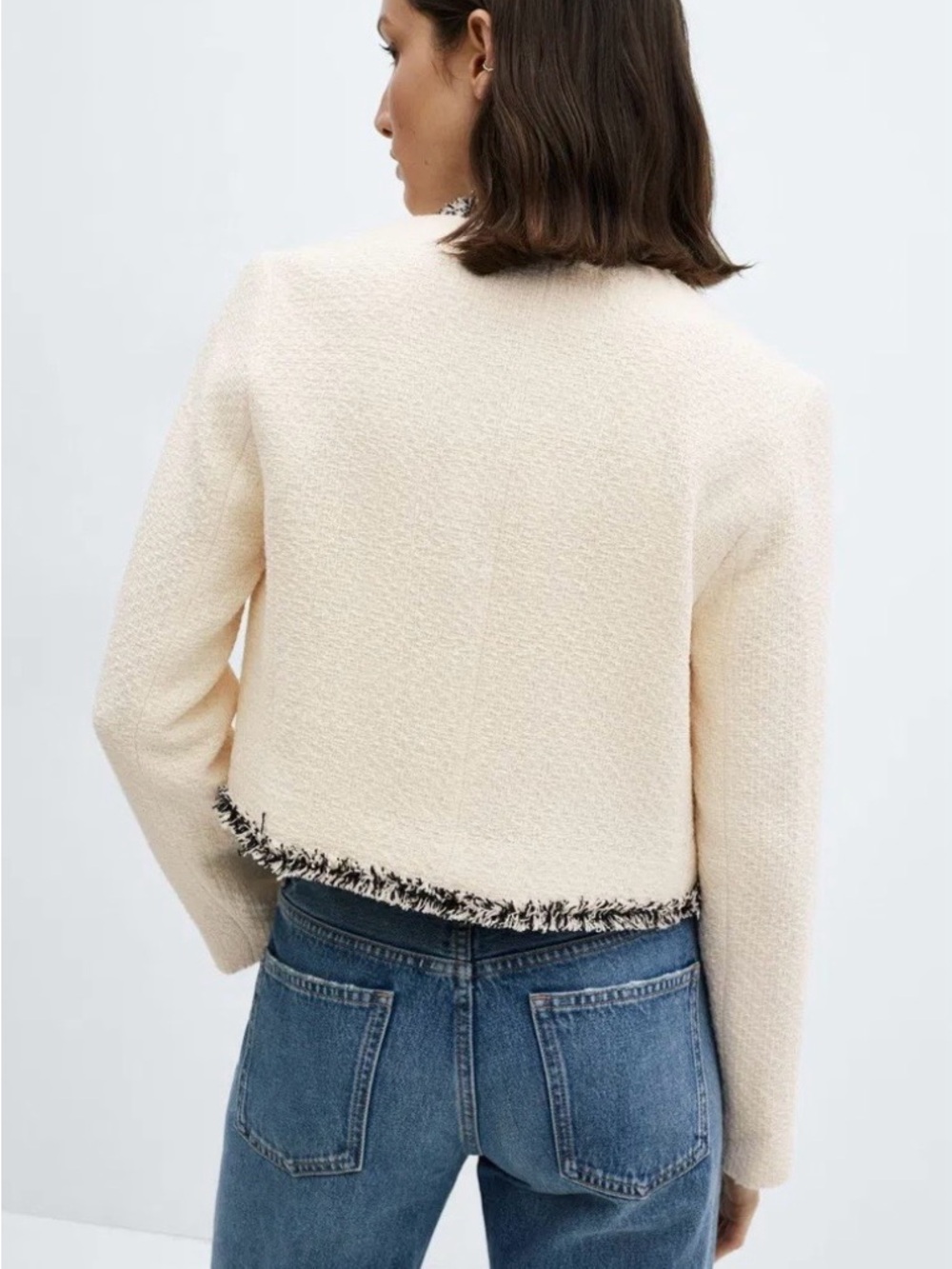 NWOT Mango Cinta Cropped Tweed Jacket Cream with Black Trim Size Large - Picture 2 of 13